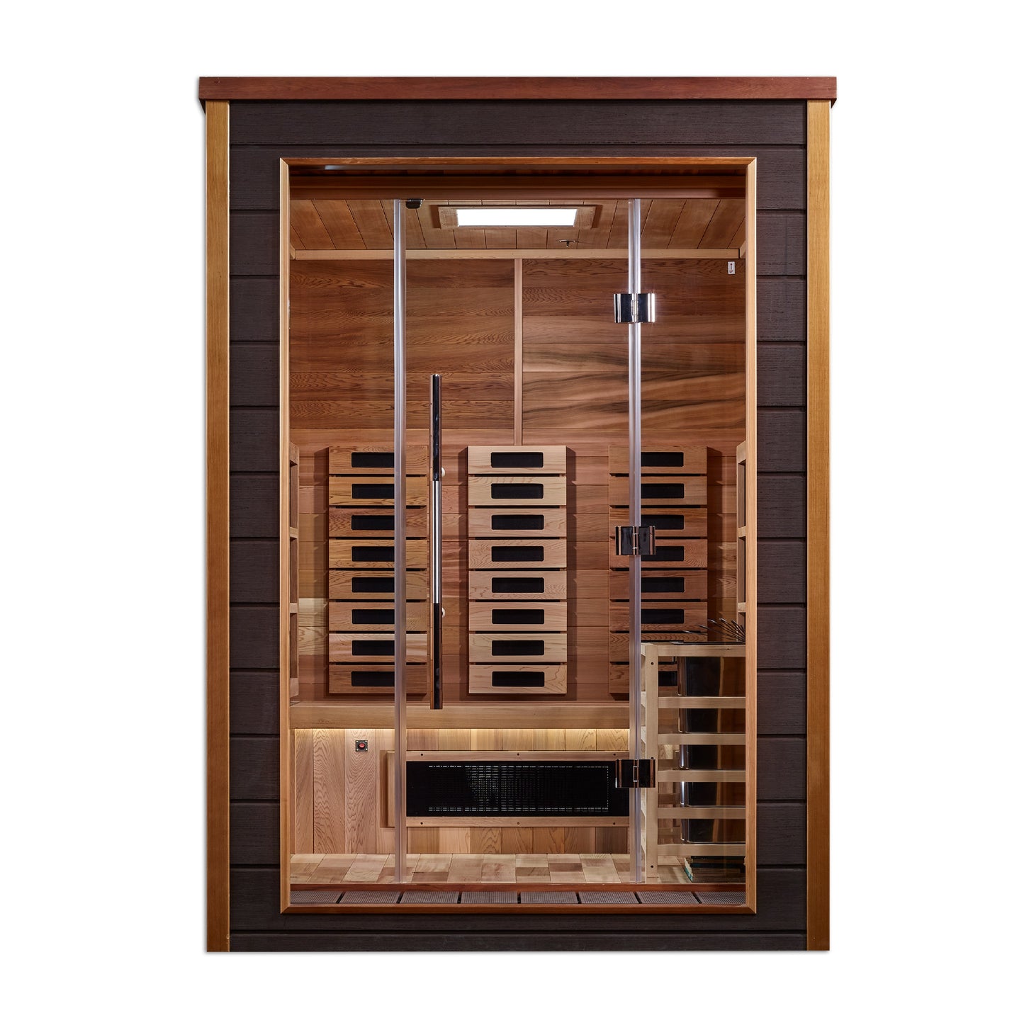 Golden Designs Nora 2 Person Hybrid (PureTech™ Full Spectrum IR or Traditional Stove) Outdoor Sauna  - Canadian Red Cedar Interior