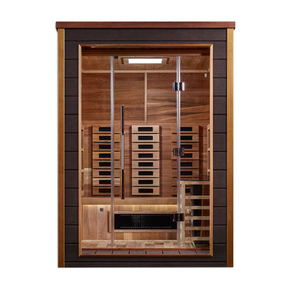 Golden Designs Nora 2 Person Hybrid (PureTech™ Full Spectrum IR or Traditional Stove) Outdoor Sauna  - Canadian Red Cedar Interior