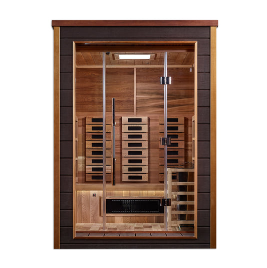 Golden Designs Nora 2 Person Hybrid (PureTech™ Full Spectrum IR or Traditional Stove) Outdoor Sauna  - Canadian Red Cedar Interior