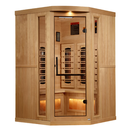 Golden Designs 3-Person Corner Full Spectrum PureTech™ Near Zero EMF (Under 3MG) FAR Infrared Sauna with Himalayan Salt Bar (Canadian Hemlock)