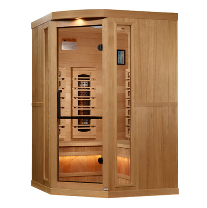 Golden Designs 3-Person Corner Full Spectrum PureTech™ Near Zero EMF (Under 3MG) FAR Infrared Sauna with Himalayan Salt Bar (Canadian Hemlock)