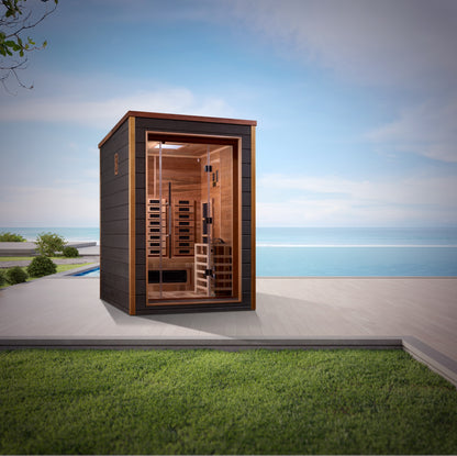 Golden Designs Nora 2 Person Hybrid (PureTech™ Full Spectrum IR or Traditional Stove) Outdoor Sauna  - Canadian Red Cedar Interior