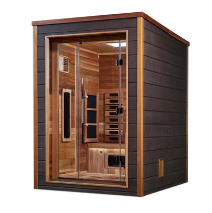 Golden Designs Nora 2 Person Hybrid (PureTech™ Full Spectrum IR or Traditional Stove) Outdoor Sauna  - Canadian Red Cedar Interior