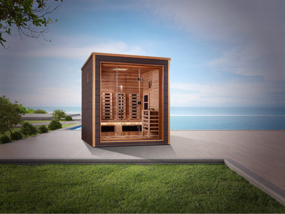 Golden Designs Visby 3 Person Hybrid (PureTech™ Full Spectrum IR or Traditional Stove) Outdoor Sauna - Canadian Red Cedar Interior